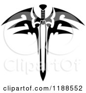 Clipart Of A Black And White Tribal Winged Sword Royalty Free Vector Illustration