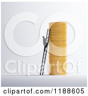 Poster, Art Print Of 3d Man Climbing A Ladder Against A Stack Of Gold Coins On Gray