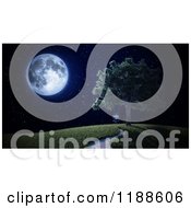 Clipart Of A 3d Lone Boy Swinging From A Tree On A Hill At Night With A Full Moon Royalty Free CGI Illustration