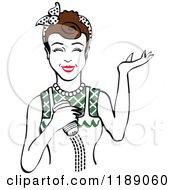 Clipart Of A Happy Retro Brunette Woman Shrugging And Using A Salt Shaker 5 Royalty Free Vector Illustration by Andy Nortnik