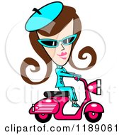 Poster, Art Print Of Retro Brunette Woman Dressed In Blue Riding A Pink Scooter