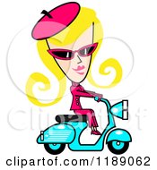 Clipart Of A Retro Blond Woman Dressed In Pink Riding A Blue Scooter Royalty Free Vector Illustration by Andy Nortnik