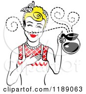 Blond Haired Waitress Or Housewife Smelling The Aroma Of Fresh Hot Coffee In A Pot