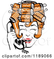 Poster, Art Print Of Happy Retro Redhead Housewife With Her Hair Up In Curlers Laughing While Talking On A Landline Telephone