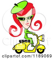 Retro Red Haired Woman Dressed In Green Riding A Yellow Scooter