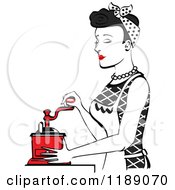Poster, Art Print Of Retro Happy Black Haired Housewife Using A Manual Coffee Grinder In Profile