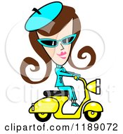 Poster, Art Print Of Retro Brunette Woman Dressed In Blue Riding A Yellow Scooter