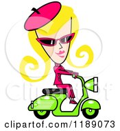 Clipart Of A Retro Blond Woman Dressed In Pink Riding A Green Scooter Royalty Free Vector Illustration by Andy Nortnik