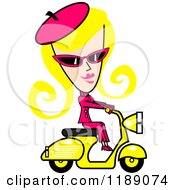 Clipart Of A Retro Blond Woman Dressed In Pink Riding A Yellow Scooter Royalty Free Vector Illustration by Andy Nortnik