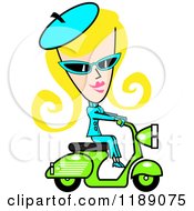 Poster, Art Print Of Retro Blond Woman Dressed In Blue Riding A Green Scooter