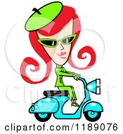 Clipart Of A Retro Red Haired Woman Dressed In Green Riding A Blue Scooter Royalty Free Vector Illustration