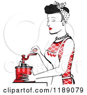 Poster, Art Print Of Retro Happy Black Haired Housewife Using A Manual Coffee Grinder In Profile 2