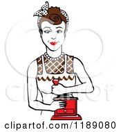 Clipart Of A Retro Happy Brunette Housewife Using A Manual Coffee Grinder Royalty Free Vector Illustration