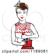 Clipart Of A Retro Happy Brunette Housewife Using A Manual Coffee Grinder 2 Royalty Free Vector Illustration