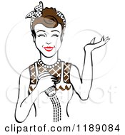 Clipart Of A Happy Retro Brunette Woman Shrugging And Using A Salt Shaker Royalty Free Vector Illustration