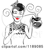 Poster, Art Print Of Black Haired Waitress Or Housewife Smelling The Aroma Of Fresh Hot Coffee In A Pot 2