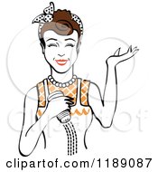 Clipart Of A Happy Retro Brunette Woman Shrugging And Using A Salt Shaker 4 Royalty Free Vector Illustration