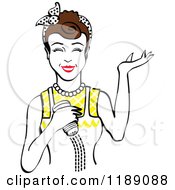 Happy Retro Brunette Woman Shrugging And Using A Salt Shaker 2