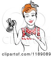 Clipart Of A Happy Retro Redhead Woman In An Apron Holding Up A Bottle Of Cooking Oil 2 Royalty Free Vector Illustration