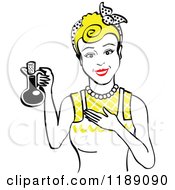 Clipart Of A Happy Retro Blond Woman In An Apron Holding Up A Bottle Of Cooking Oil Royalty Free Vector Illustration