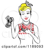 Clipart Of A Happy Retro Blond Woman In An Apron Holding Up A Bottle Of Cooking Oil 2 Royalty Free Vector Illustration