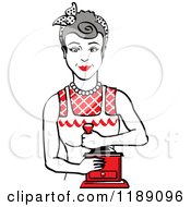 Poster, Art Print Of Retro Happy Gray Haired Housewife Using A Manual Coffee Grinder 2