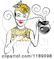 Poster, Art Print Of Dirty Blond Waitress Or Housewife Smelling The Aroma Of Fresh Hot Coffee In A Pot