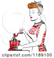 Poster, Art Print Of Retro Happy Red Haired Housewife Using A Manual Coffee Grinder In Profile 2
