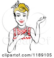 Poster, Art Print Of Retro Happy Dirty Blond Housewife Waitress Or Maid Woman Wearing An Apron And Presenting 2