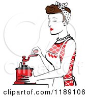 Poster, Art Print Of Retro Happy Brunette Housewife Using A Manual Coffee Grinder In Profile 2