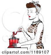 Poster, Art Print Of Retro Happy Brunette Housewife Using A Manual Coffee Grinder In Profile