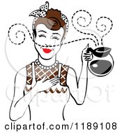 Brunette Waitress Or Housewife Smelling The Aroma Of Fresh Hot Coffee In A Pot