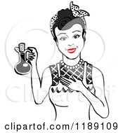 Clipart Of A Happy Retro Black Haired Woman In An Apron Holding Up A Bottle Of Cooking Oil Royalty Free Vector Illustration