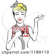 Clipart Of A Happy Retro Blond Woman Shrugging And Using A Salt Shaker 2 Royalty Free Vector Illustration