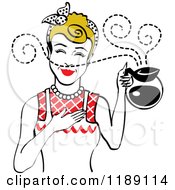 Poster, Art Print Of Dirty Blond Waitress Or Housewife Smelling The Aroma Of Fresh Hot Coffee In A Pot 2