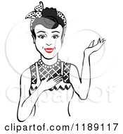Clipart Of A Retro Happy Black Haired Housewife Waitress Or Maid Woman Wearing An Apron And Presenting Royalty Free Vector Illustration
