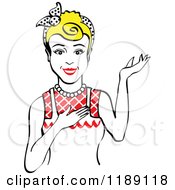 Clipart Of A Retro Happy Blond Housewife Waitress Or Maid Woman Wearing An Apron And Presenting Royalty Free Vector Illustration
