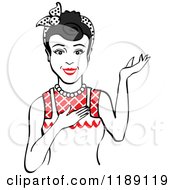 Clipart Of A Retro Happy Black Haired Housewife Waitress Or Maid Woman Wearing An Apron And Presenting 2 Royalty Free Vector Illustration