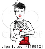 Poster, Art Print Of Retro Happy Black Haired Housewife Using A Manual Coffee Grinder