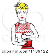 Clipart Of A Retro Happy Blond Housewife Using A Manual Coffee Grinder Royalty Free Vector Illustration
