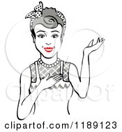 Poster, Art Print Of Retro Happy Gray Haired Housewife Waitress Or Maid Woman Wearing An Apron And Presenting