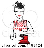 Clipart Of A Retro Happy Black Haired Housewife Using A Manual Coffee Grinder 2 Royalty Free Vector Illustration