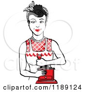 Poster, Art Print Of Retro Happy Black Haired Housewife Using A Manual Coffee Grinder 2