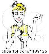 Clipart Of A Happy Retro Blond Woman Shrugging And Using A Salt Shaker 5 Royalty Free Vector Illustration