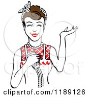 Clipart Of A Happy Retro Brunette Woman Shrugging And Using A Salt Shaker 6 Royalty Free Vector Illustration