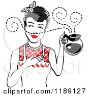 Poster, Art Print Of Black Haired Waitress Or Housewife Smelling The Aroma Of Fresh Hot Coffee In A Pot