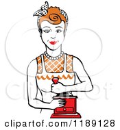 Clipart Of A Retro Happy Red Haired Housewife Using A Manual Coffee Grinder Royalty Free Vector Illustration