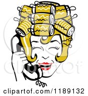 Poster, Art Print Of Happy Retro Dirty Blond Housewife With Her Hair Up In Curlers Laughing While Talking On A Landline Telephone