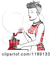 Poster, Art Print Of Retro Happy Gray Haired Housewife Using A Manual Coffee Grinder In Profile 2