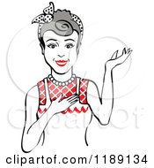 Clipart Of A Retro Happy Gray Haired Housewife Waitress Or Maid Woman Wearing An Apron And Presenting 2 Royalty Free Vector Illustration